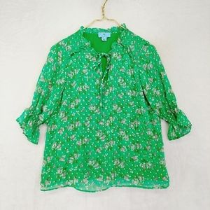 CeCe Women's Green & Pink Polyester Floral-Print Tie-Neck Clip-Dot Blouse 6661